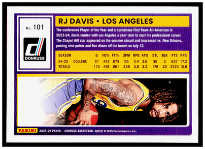 2025-26 Donruss RJ Davis Card Los Angeles Lakers #101
