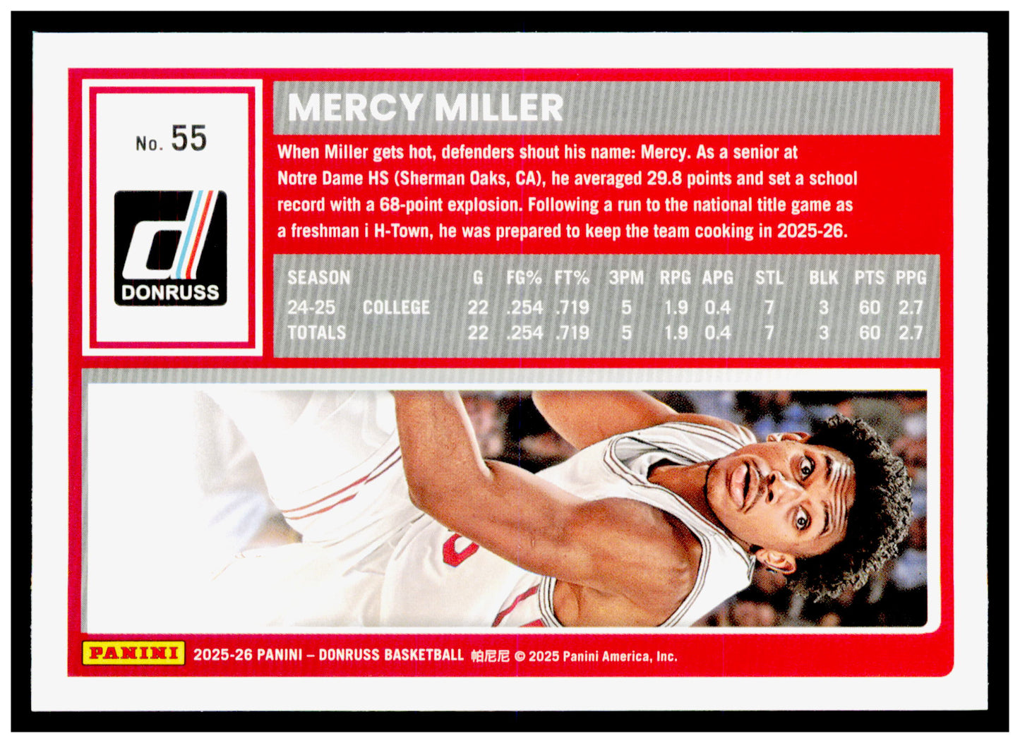 2025-26 Donruss Mercy Miller Card Houston Cougars #55