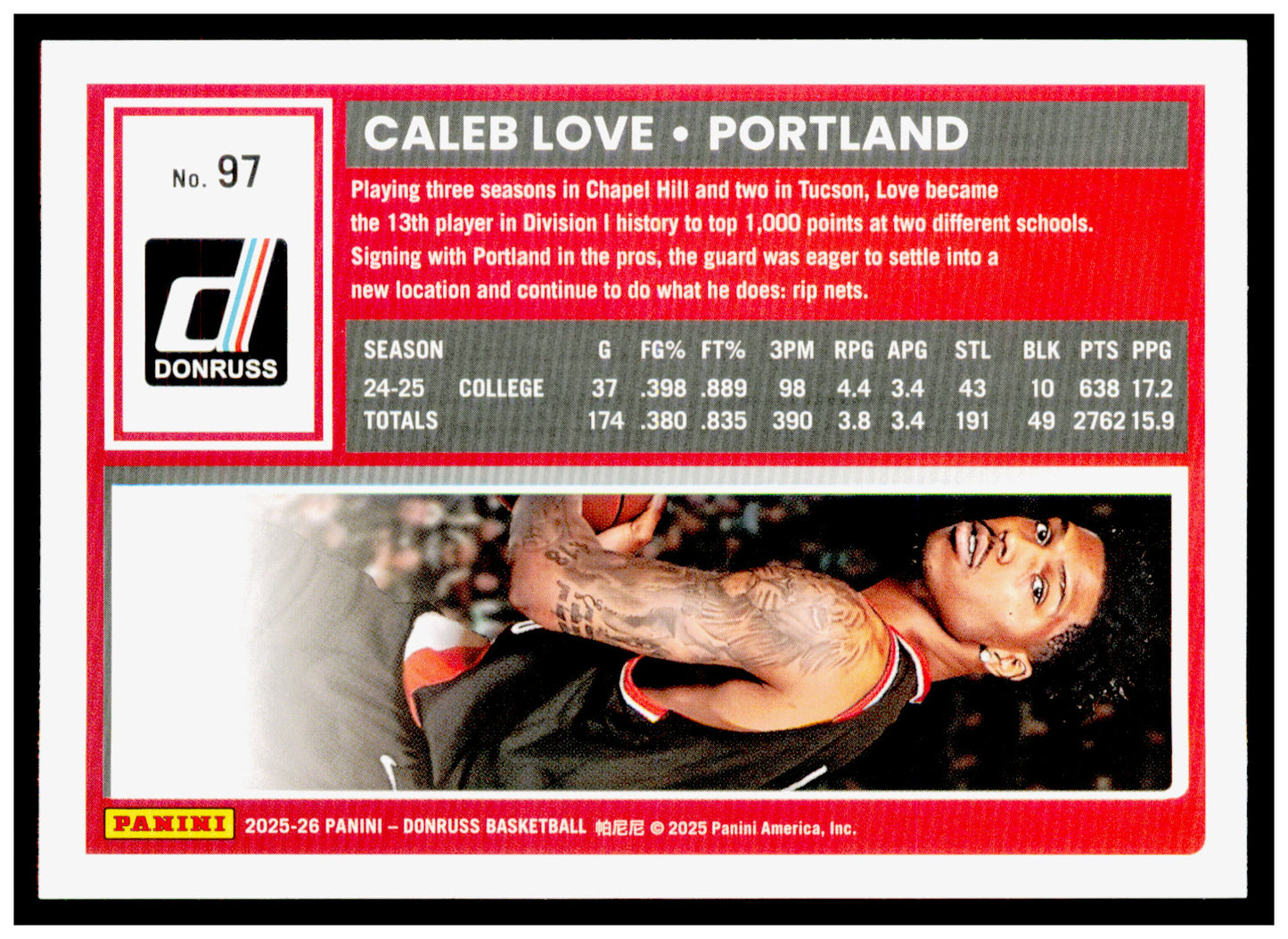 2025-26 Donruss Caleb Love Card Portland Trail Blazers #97
