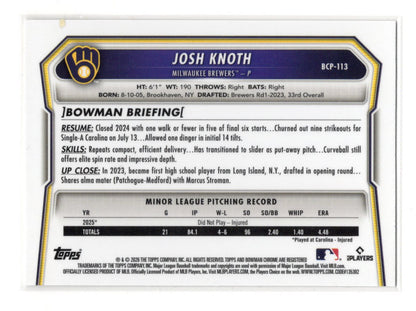 2026 Bowman Josh Knoth Card Chrome Prospects Milwaukee Brewers #BCP-113
