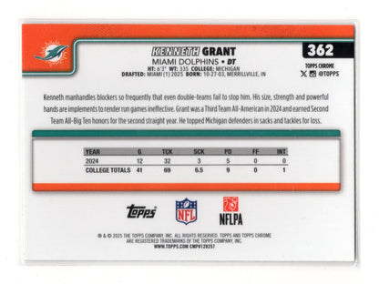 2025 Topps Chrome Kenneth Grant Card Rookie Miami Dolphins #362