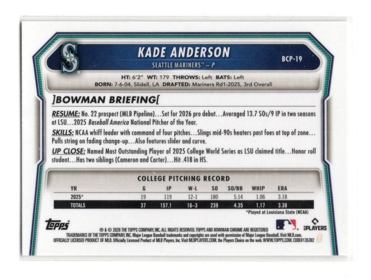 2026 Bowman Kade Anderson Card Chrome Prospects Seattle Mariners #BCP-19