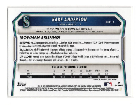 2026 Bowman Kade Anderson Card Chrome Prospects Seattle Mariners #BCP-19