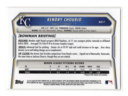 2026 Bowman Kendry Chourio Card Chrome Prospects Kansas City Royals #BCP-7