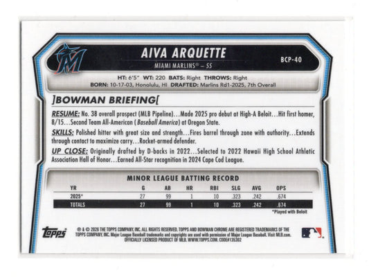 2026 Bowman Aiva Arquette Card Chrome Prospects Miami Marlins