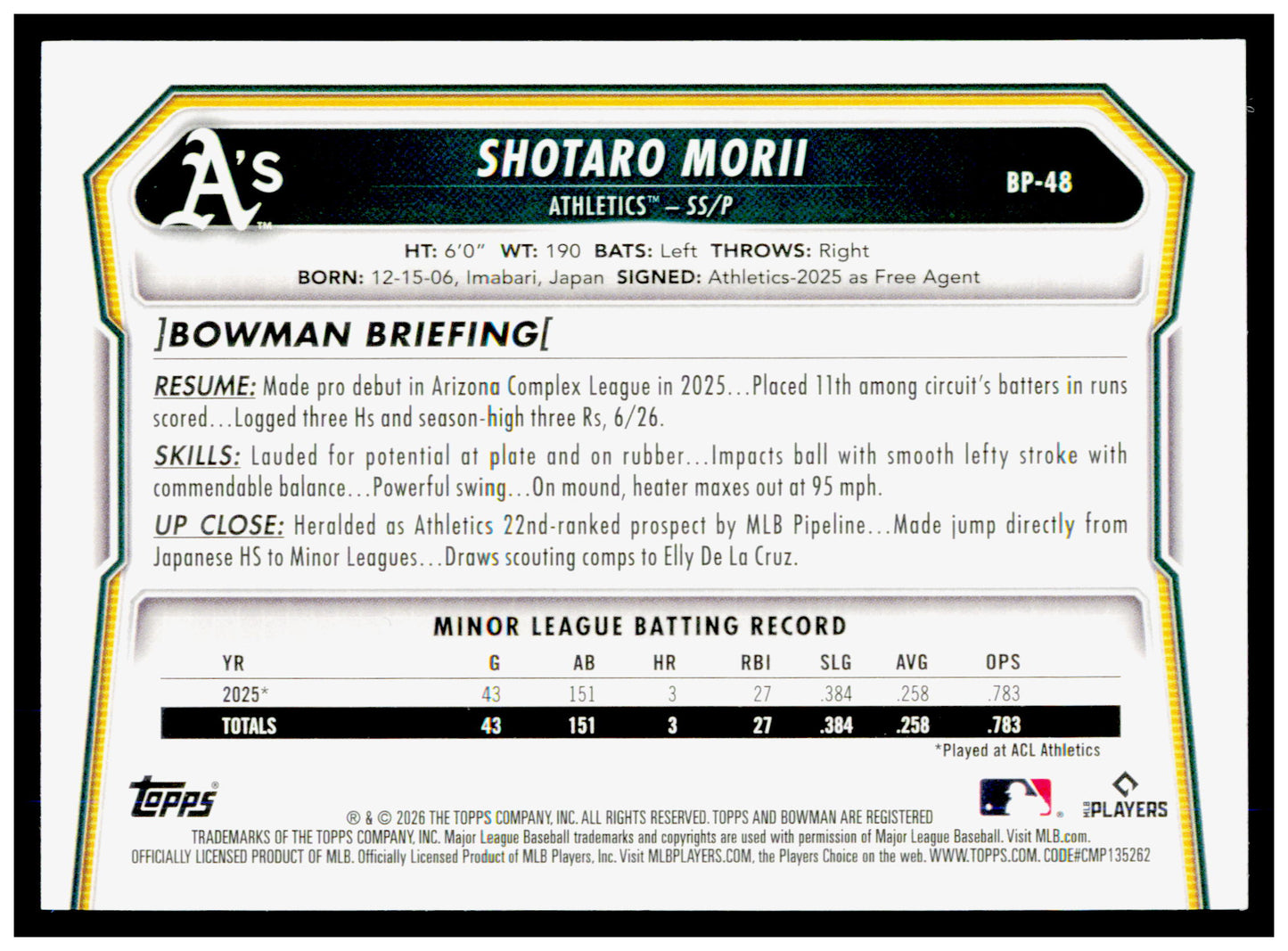 2026 Bowman Shotaro Morii Card Prospects Athletics