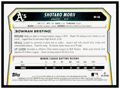 2026 Bowman Shotaro Morii Card Prospects Athletics