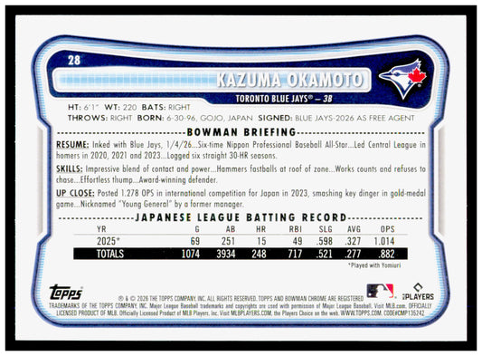 2026 Bowman Kazuma Okamoto Card Rookie Toronto Blue Jays