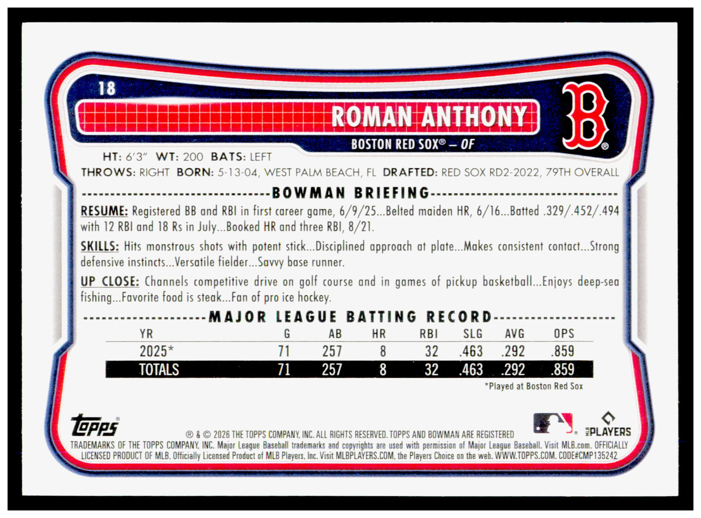 2026 Bowman Roman Anthony Card Rookie Boston Red Sox