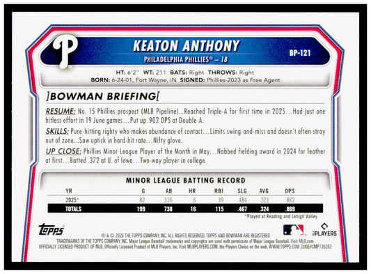 2026 Bowman Keaton Anthony Card Prospects Philadelphia Phillies