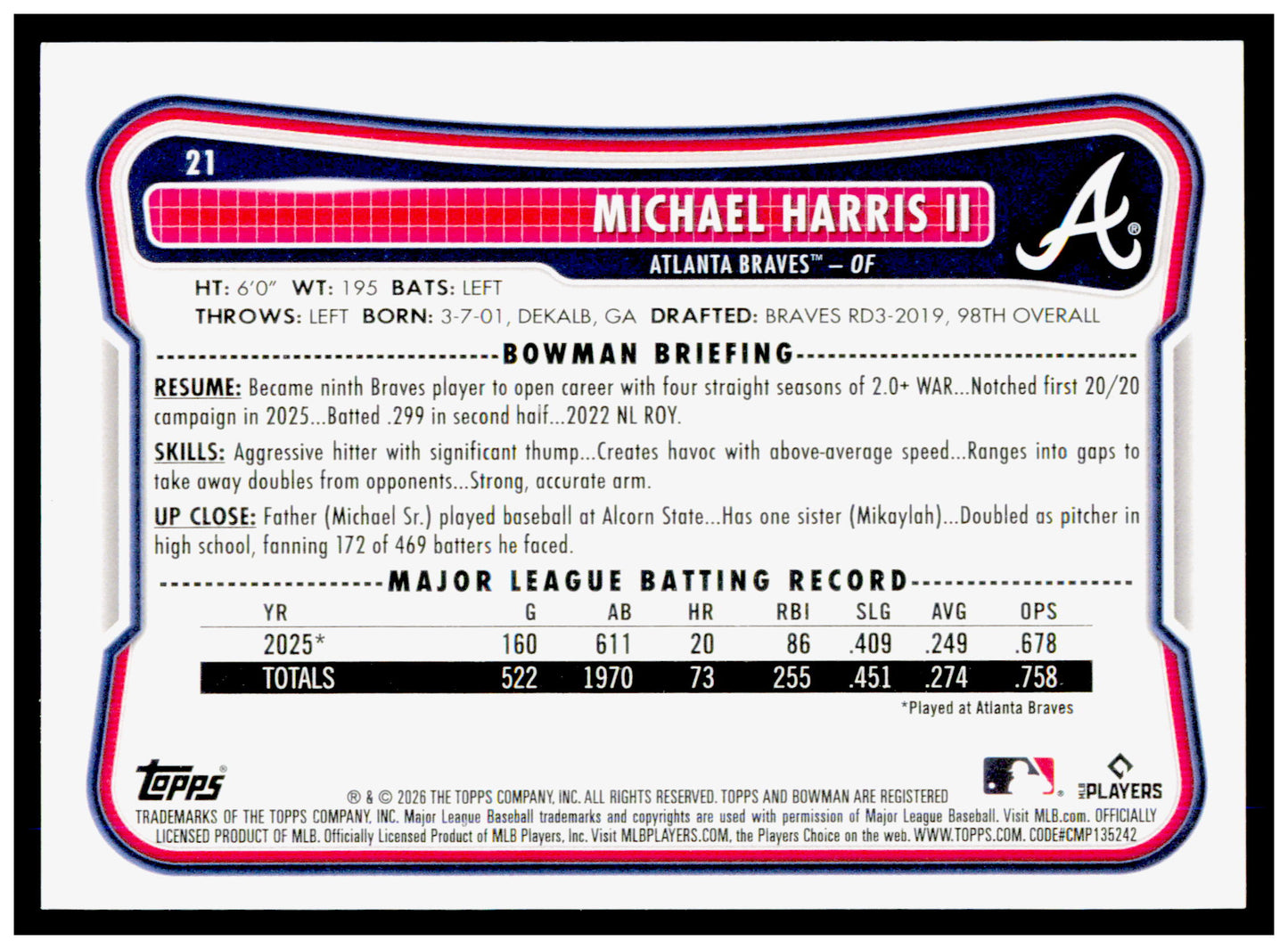 2026 Bowman Michael Harris II Card Atlanta Braves