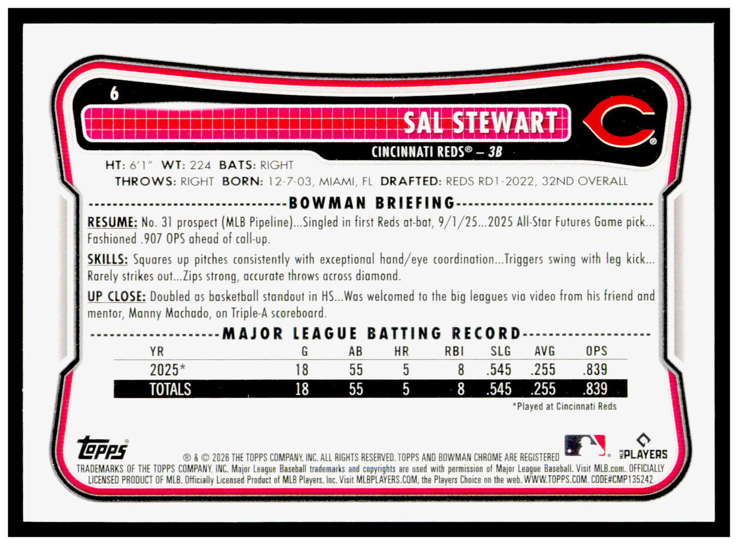 2026 Bowman Sal Stewart Card Rookie Cincinnati Reds