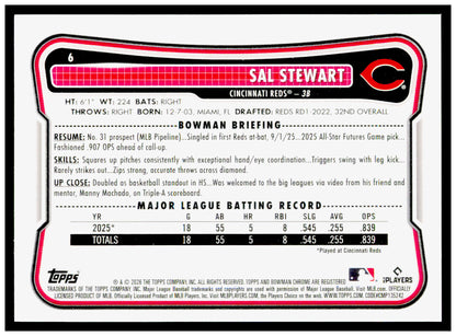 2026 Bowman Sal Stewart Card Rookie Cincinnati Reds