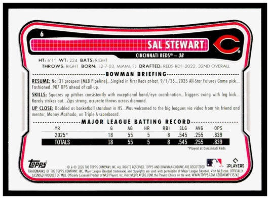 2026 Bowman Sal Stewart Card Rookie Cincinnati Reds