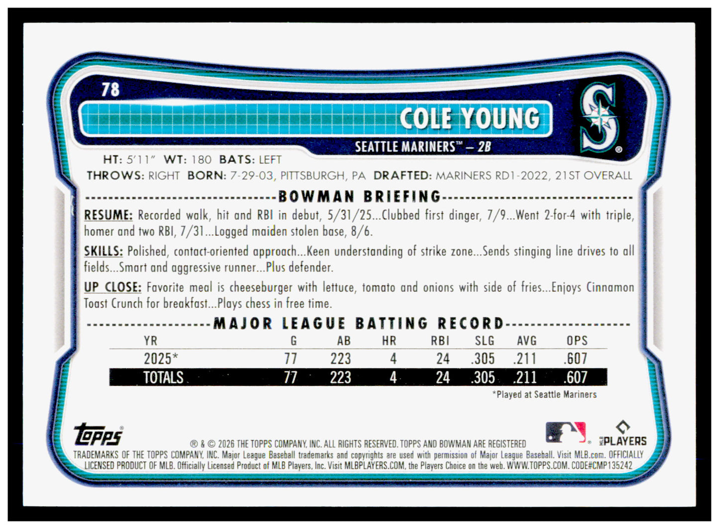 2026 Bowman Cole Young Card Rookie Seattle Mariners