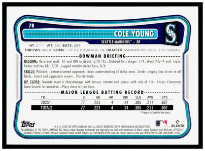 2026 Bowman Cole Young Card Rookie Seattle Mariners