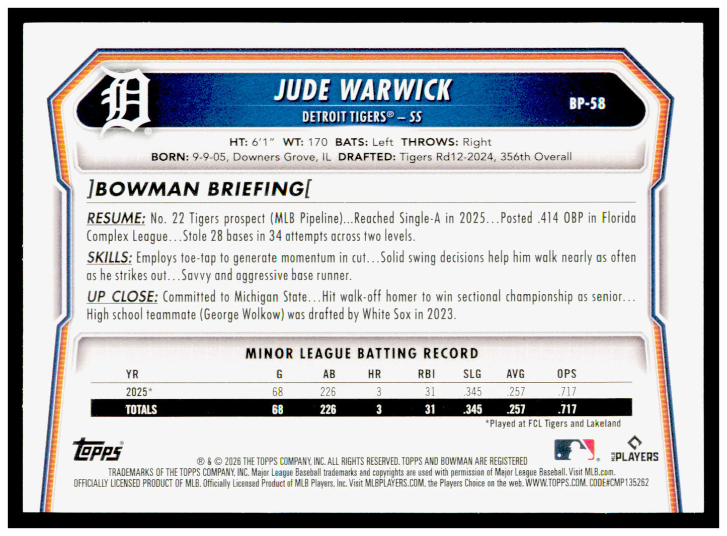 2026 Bowman Jude Warwick Card Prospects Detroit Tigers