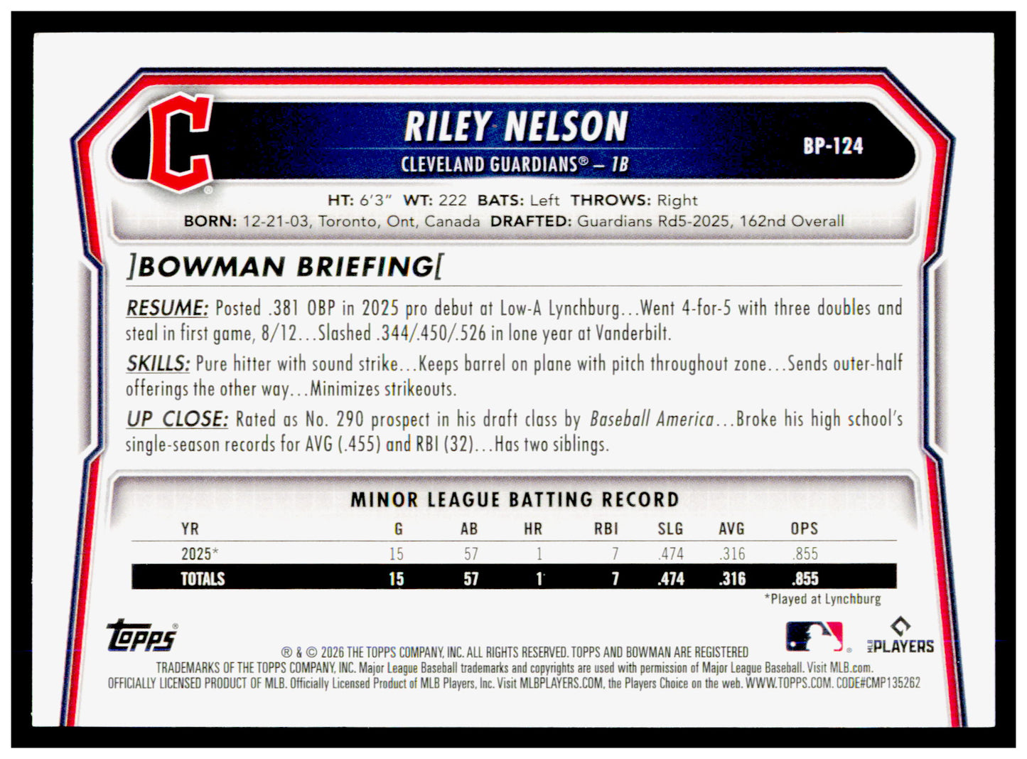 2026 Bowman Riley Nelson Card Prospects Cleveland Guardians