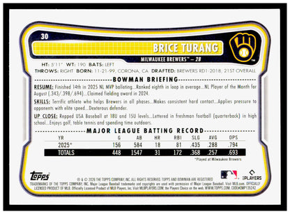 2026 Bowman Brice Turang Card Milwaukee Brewers
