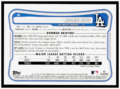 2026 Bowman Mookie Betts Card Los Angeles Dodgers