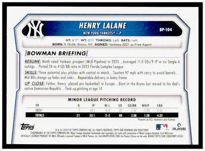 2026 Bowman Henry Lalane Card Prospects New York Yankees