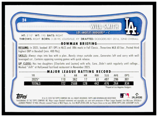 2026 Bowman Will Smith Card Los Angeles Dodgers