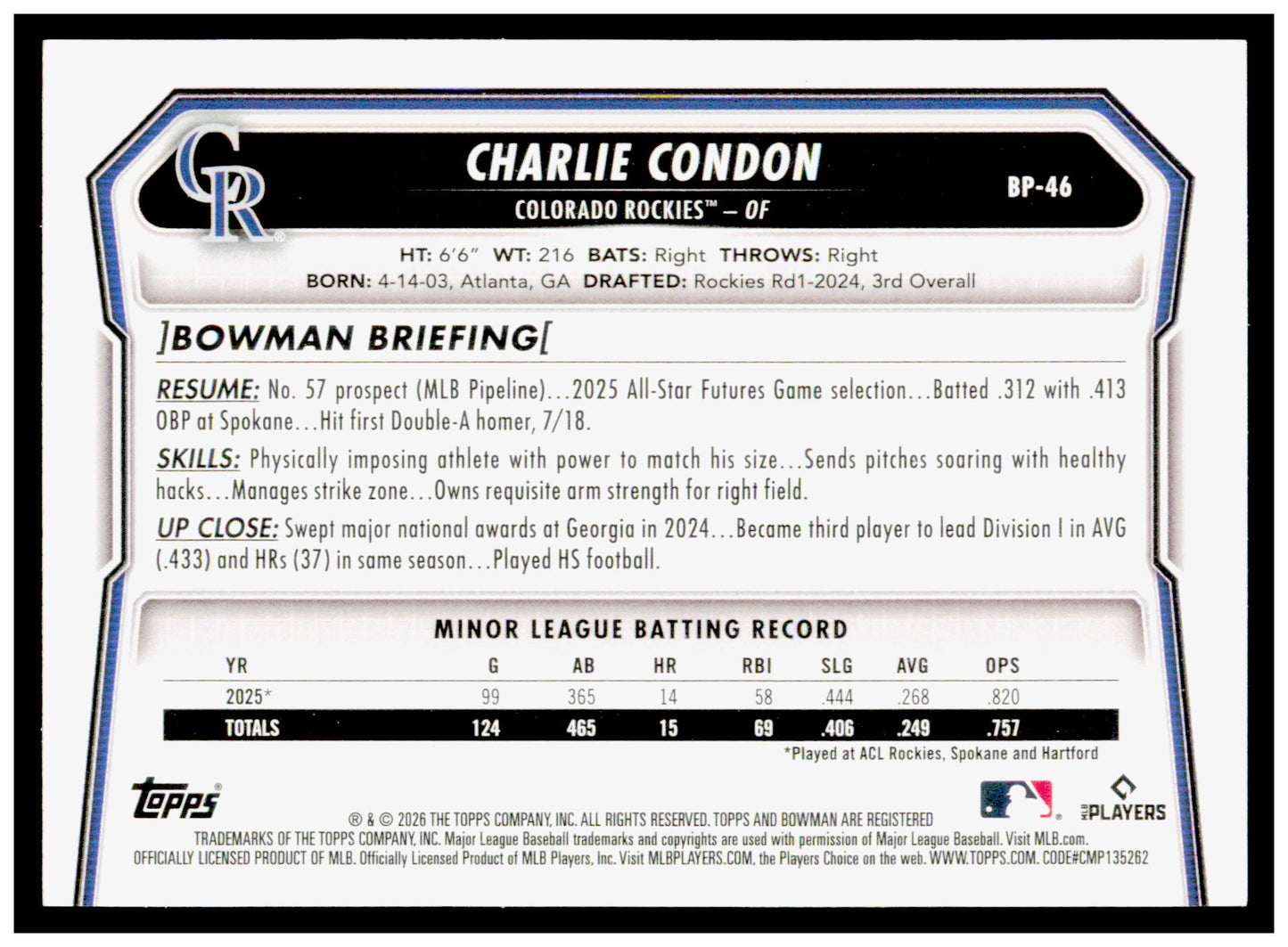 2026 Bowman Charlie Condon Card Prospects Colorado Rockies