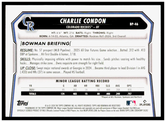 2026 Bowman Charlie Condon Card Prospects Colorado Rockies