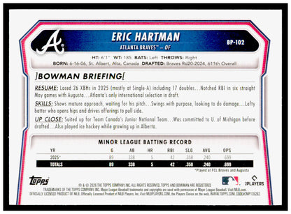 2026 Bowman Eric Hartman Card Prospects Atlanta Braves