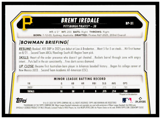 2026 Bowman Brent Iredale Card Prospects Pittsburgh Pirates