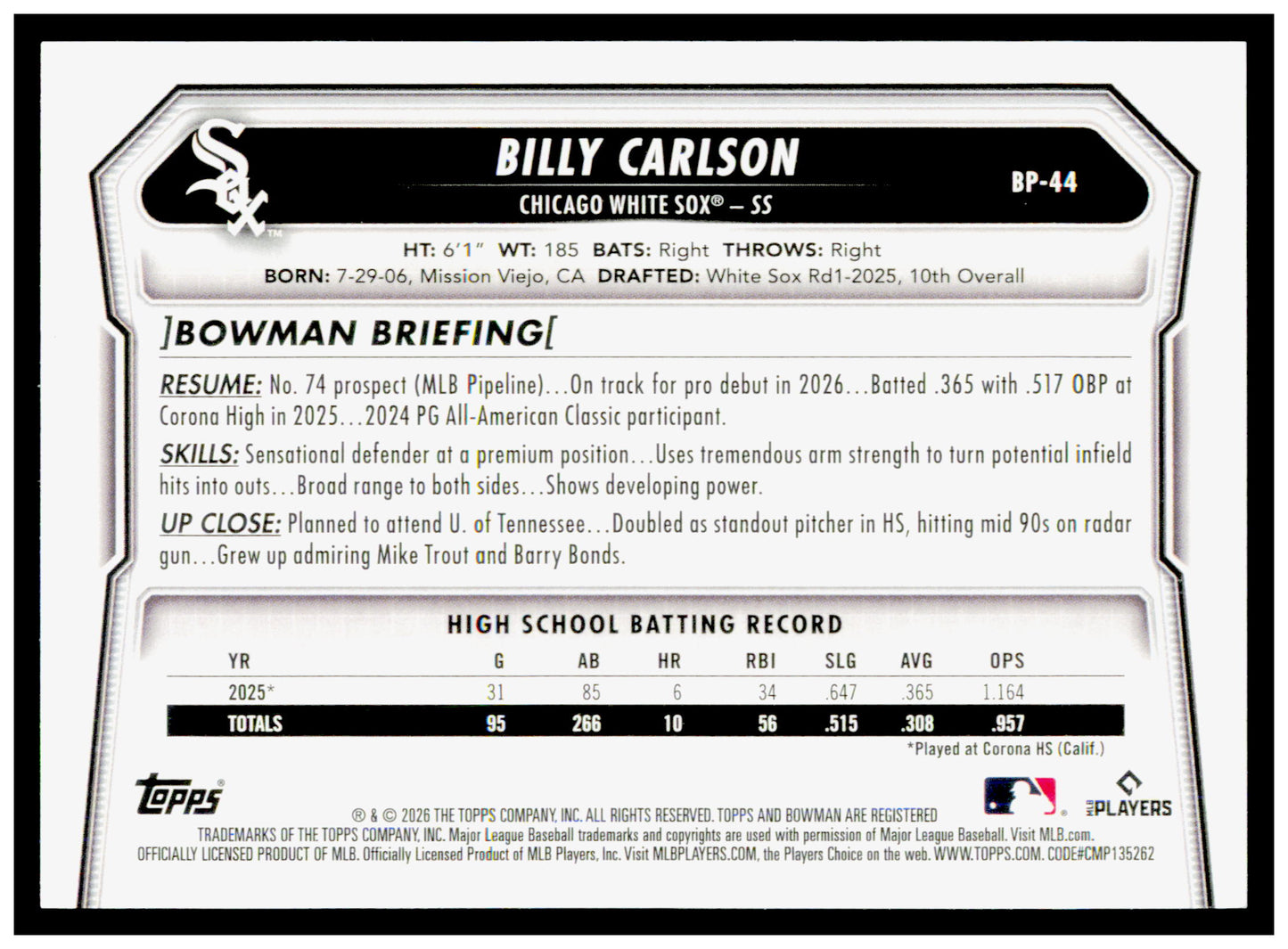 2026 Bowman Billy Carlson Card Prospects Chicago White Sox