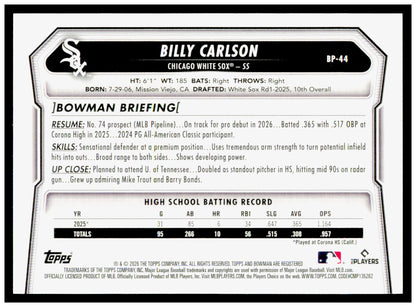 2026 Bowman Billy Carlson Card Prospects Chicago White Sox