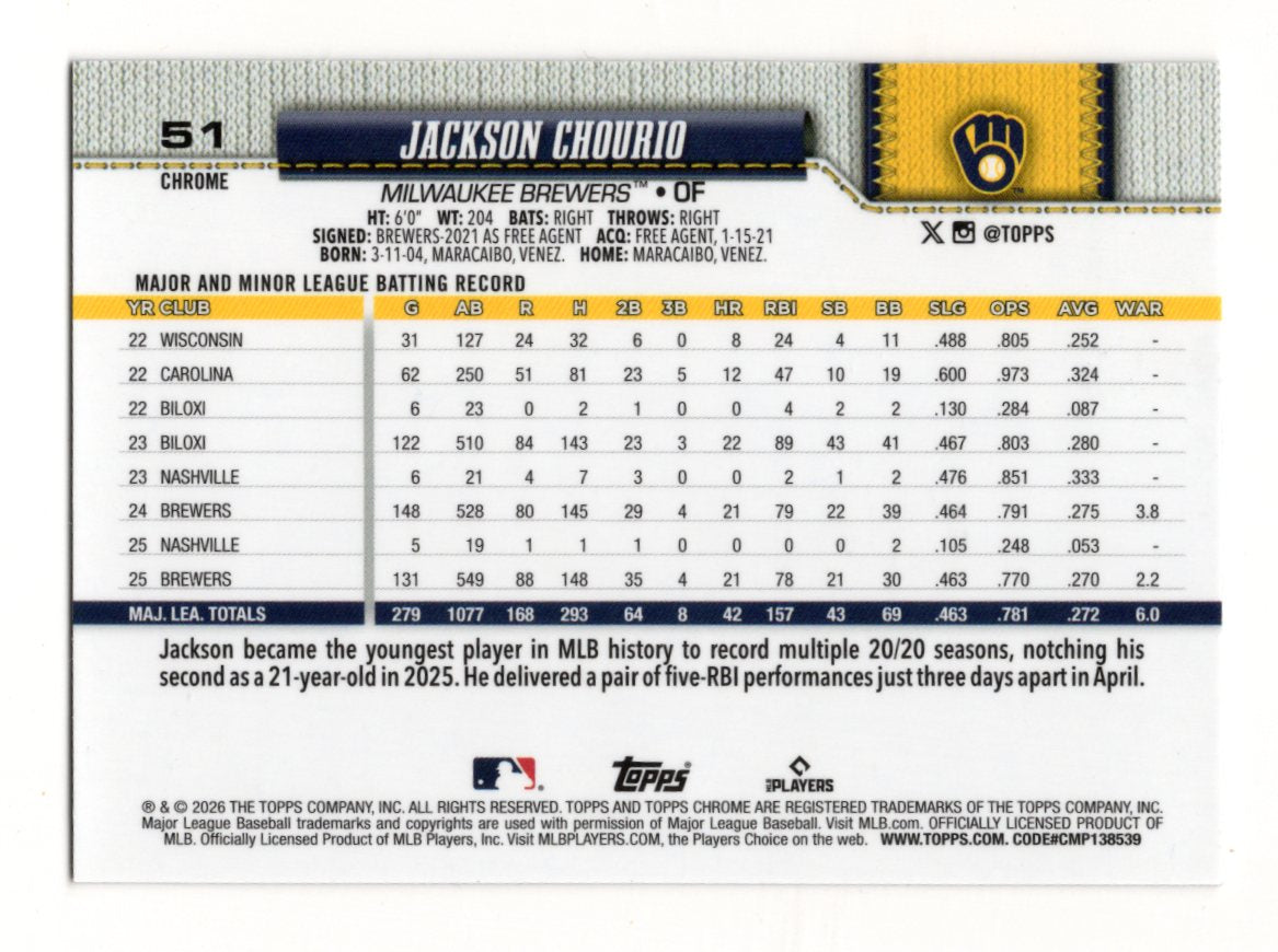 2026 Topps Chrome Jackson Chourio Baseball Seams Refractor #51
