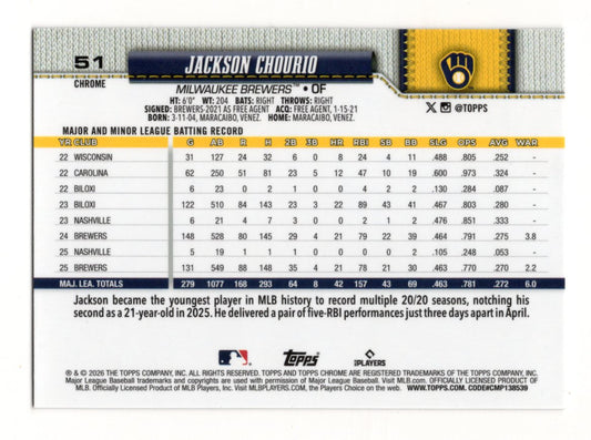 2026 Topps Chrome Jackson Chourio Baseball Seams Refractor #51