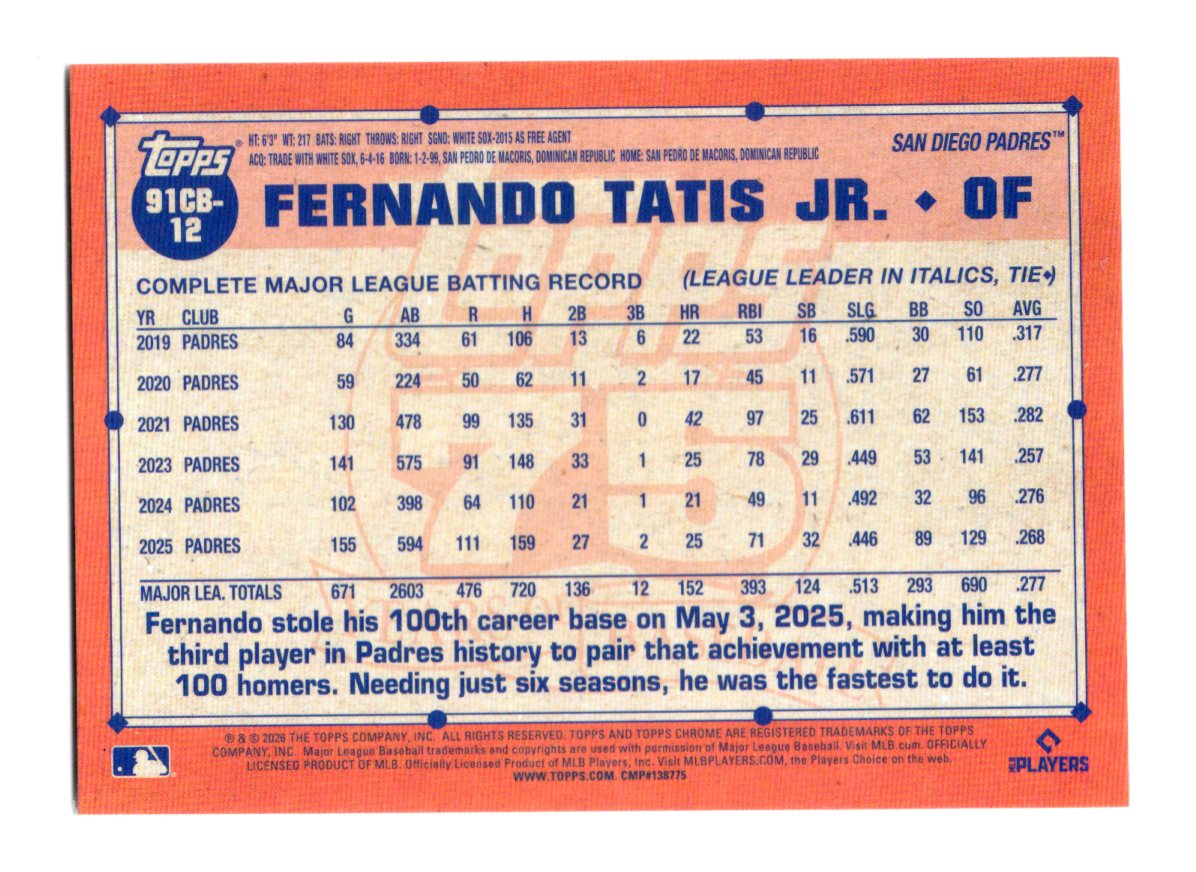 2026 Topps Chrome Fernando Tatis Jr. 1991 75th Anniversary Insert Padres