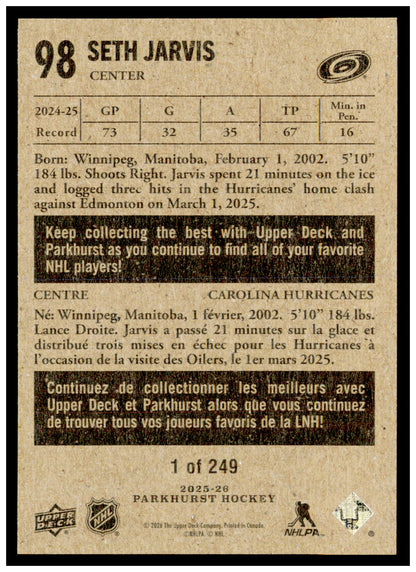 2025-26 Parkhurst Seth Jarvis Card 1954-55 Retros  SN Carolina Hurricanes