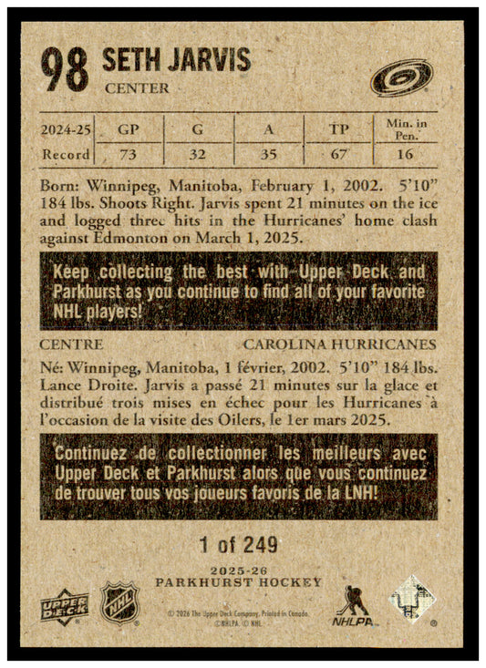2025-26 Parkhurst Seth Jarvis Card 1954-55 Retros  SN Carolina Hurricanes
