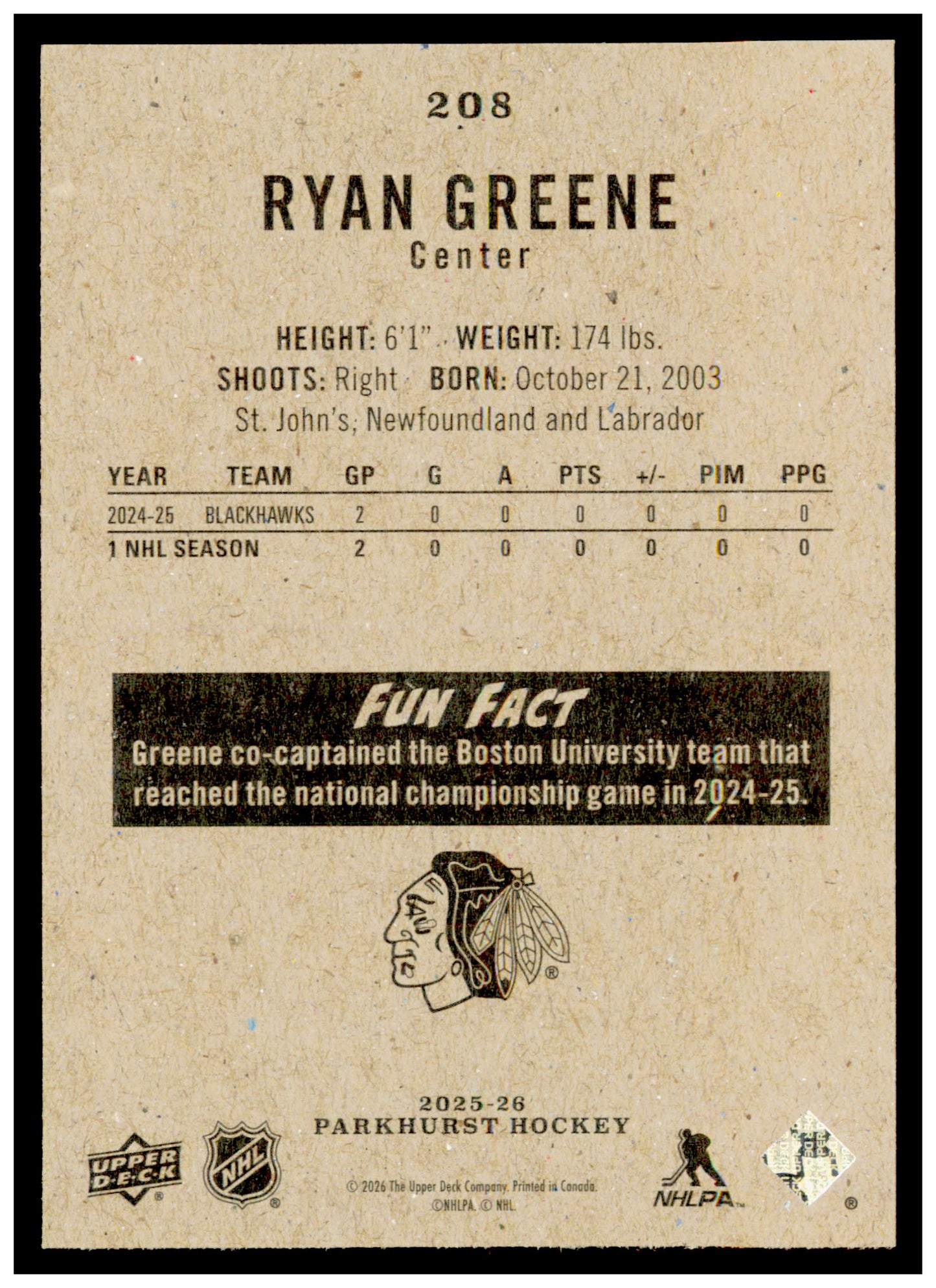2025-26 Parkhurst Ryan Greene Card Rookie Chicago Blackhawks