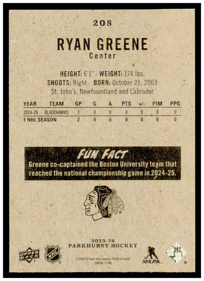 2025-26 Parkhurst Ryan Greene Card Rookie Chicago Blackhawks