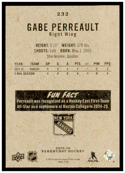 2025-26 Parkhurst Gabe Perreault Card Rookie New York Rangers