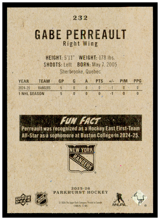2025-26 Parkhurst Gabe Perreault Card Rookie New York Rangers