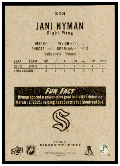 2025-26 Parkhurst Jani Nyman Card Rookie Seattle Kraken