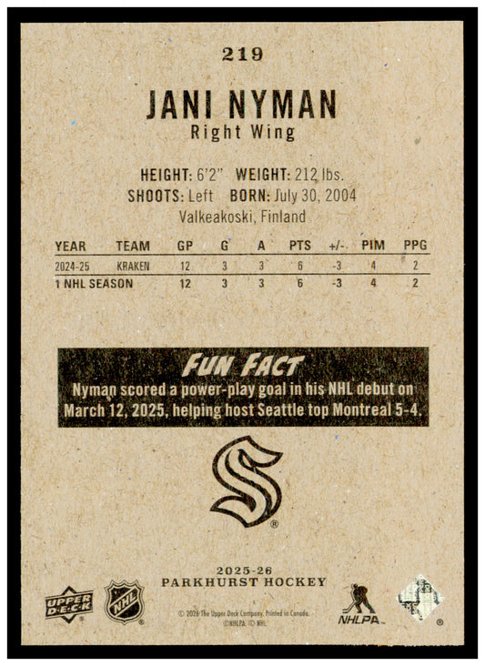 2025-26 Parkhurst Jani Nyman Card Rookie Seattle Kraken