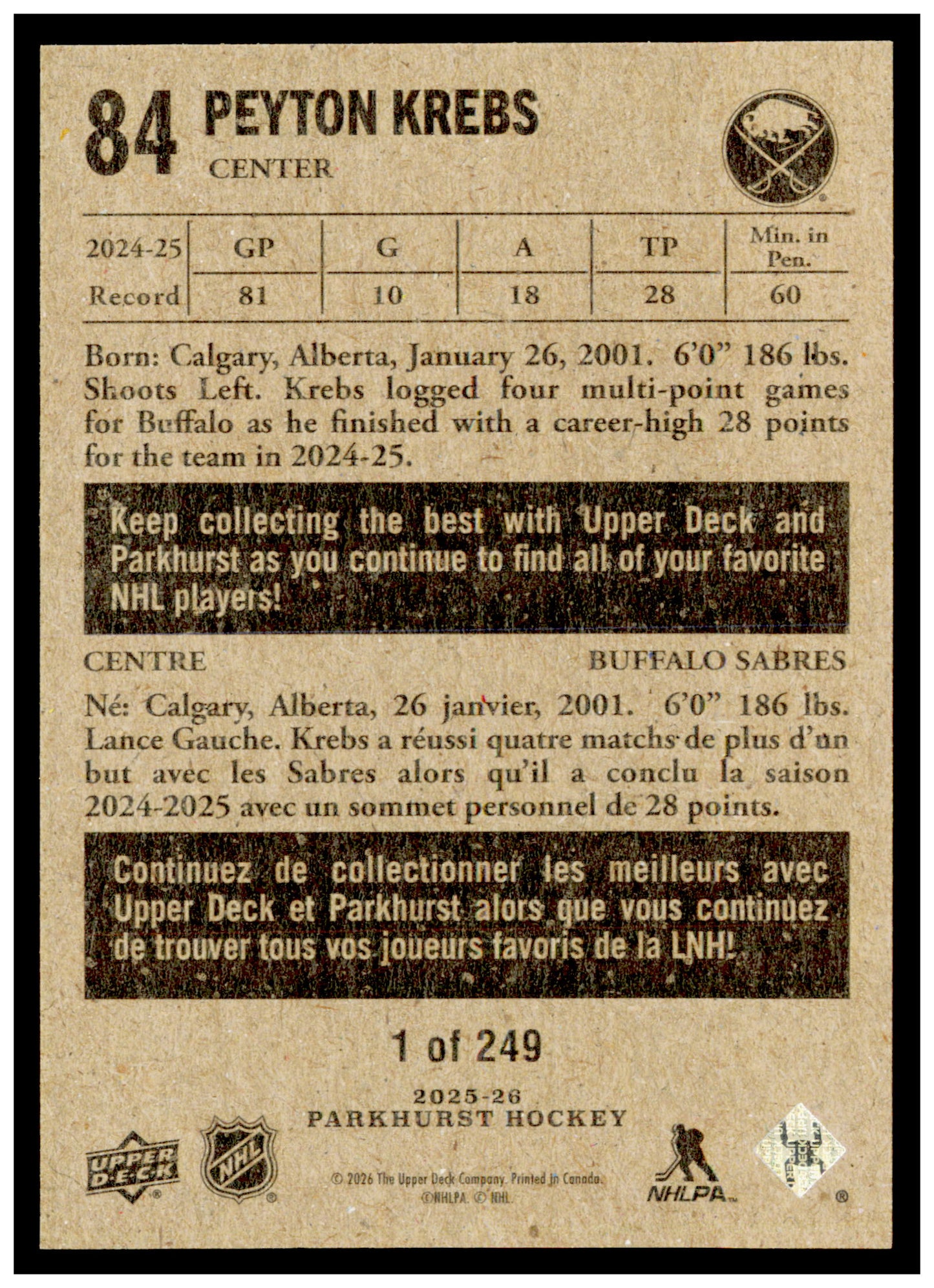 2025-26 Parkhurst Peyton Krebs Card 1954-55 Retros Buffalo Sabres