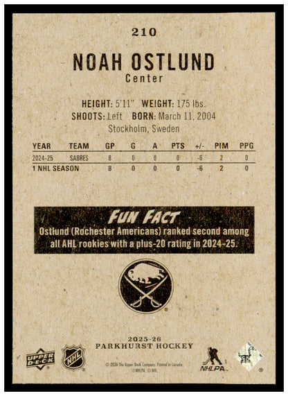 2025-26 Parkhurst Noah Ostlund Card Rookie Buffalo Sabres