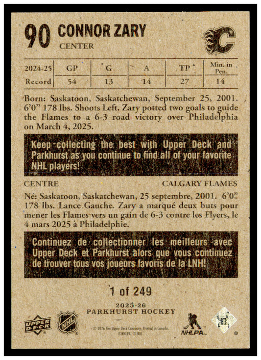 2025-26 Parkhurst Connor Zary Card 1954-55 Retros Calgary Flames