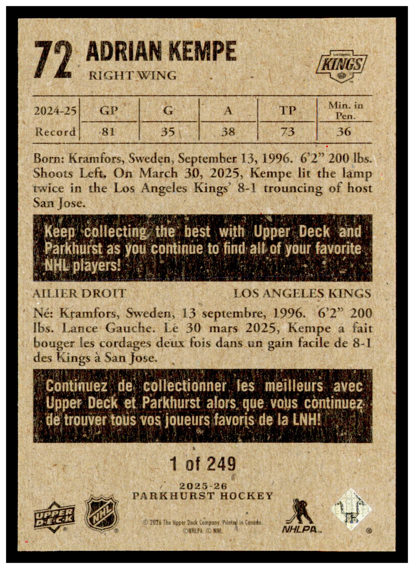 2025-26 Parkhurst Adrian Kempe Card 1954-55 Retros Los Angeles Kings