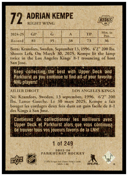 2025-26 Parkhurst Adrian Kempe Card 1954-55 Retros Los Angeles Kings