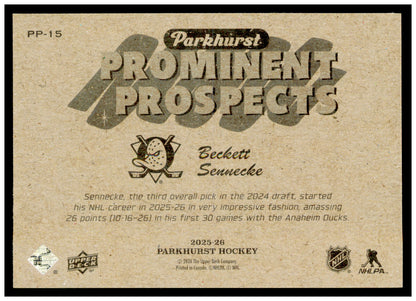 2025-26 Parkhurst Beckett Sennecke Card Prominent Prospects Anaheim Ducks