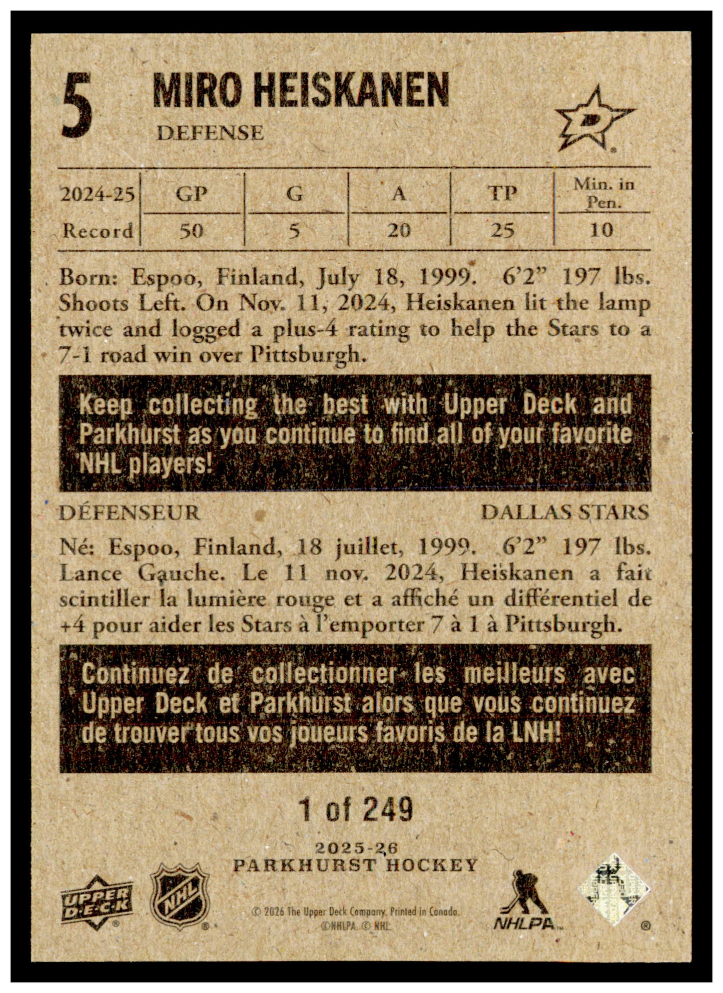 2025-26 Parkhurst Miro Heiskanen Card 1954-55 Retros Dallas Stars
